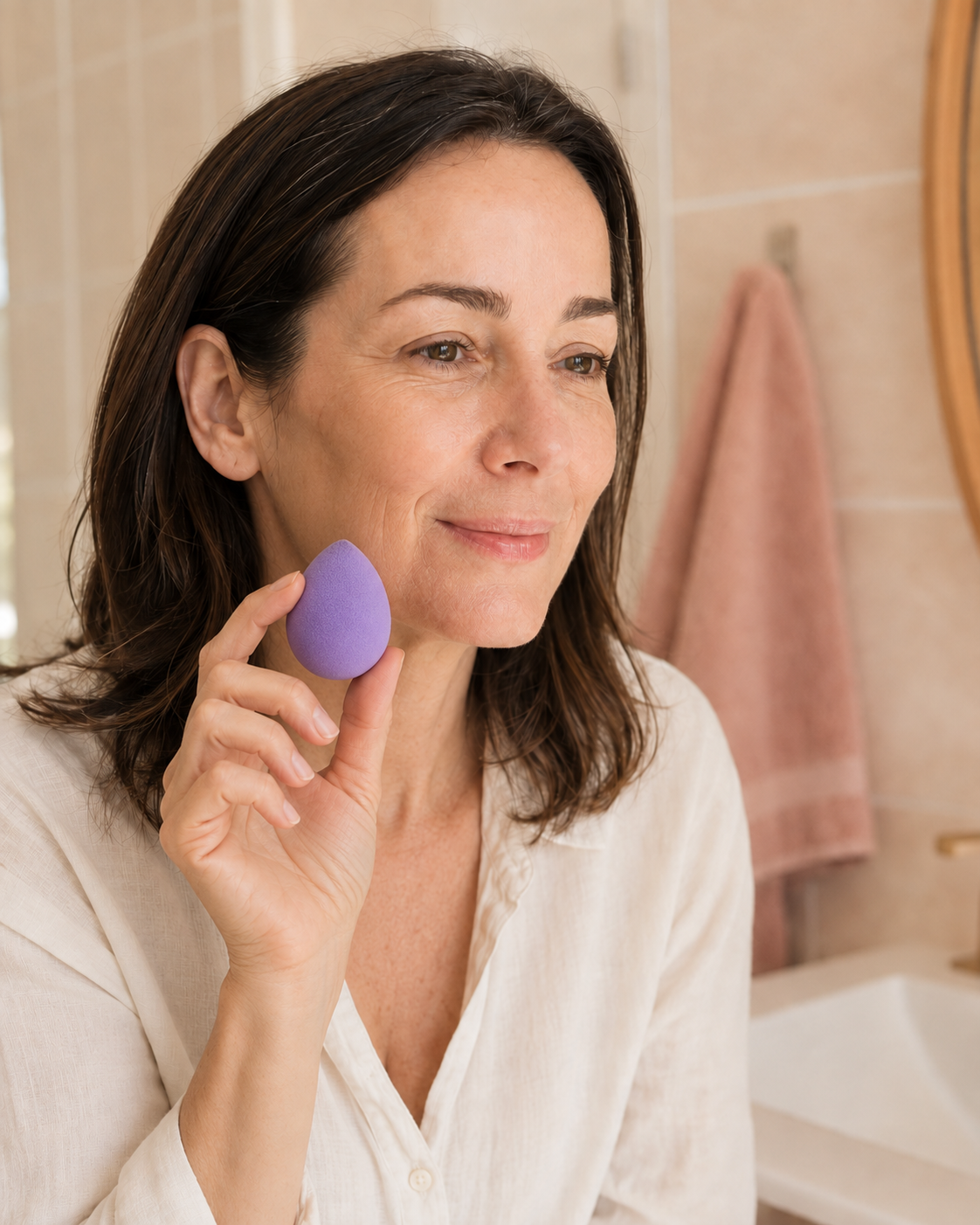 Woman holding a small lavender teardrop blending sponge beside her face during her morning routine